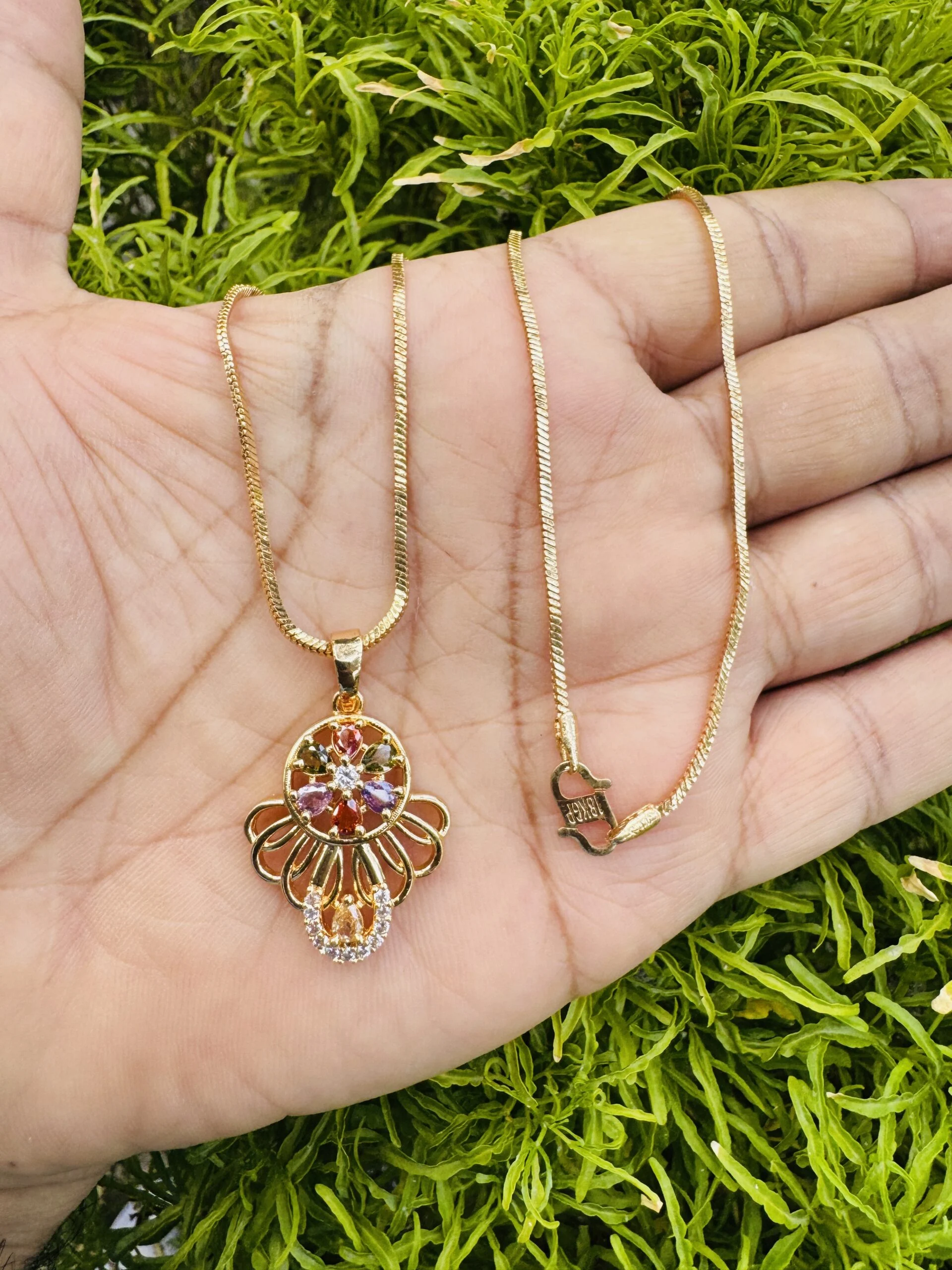 Gold plated 18/24 Inch's 1.5 mm TV chain with flower crown multi stone new stylish Pendant for women & girl