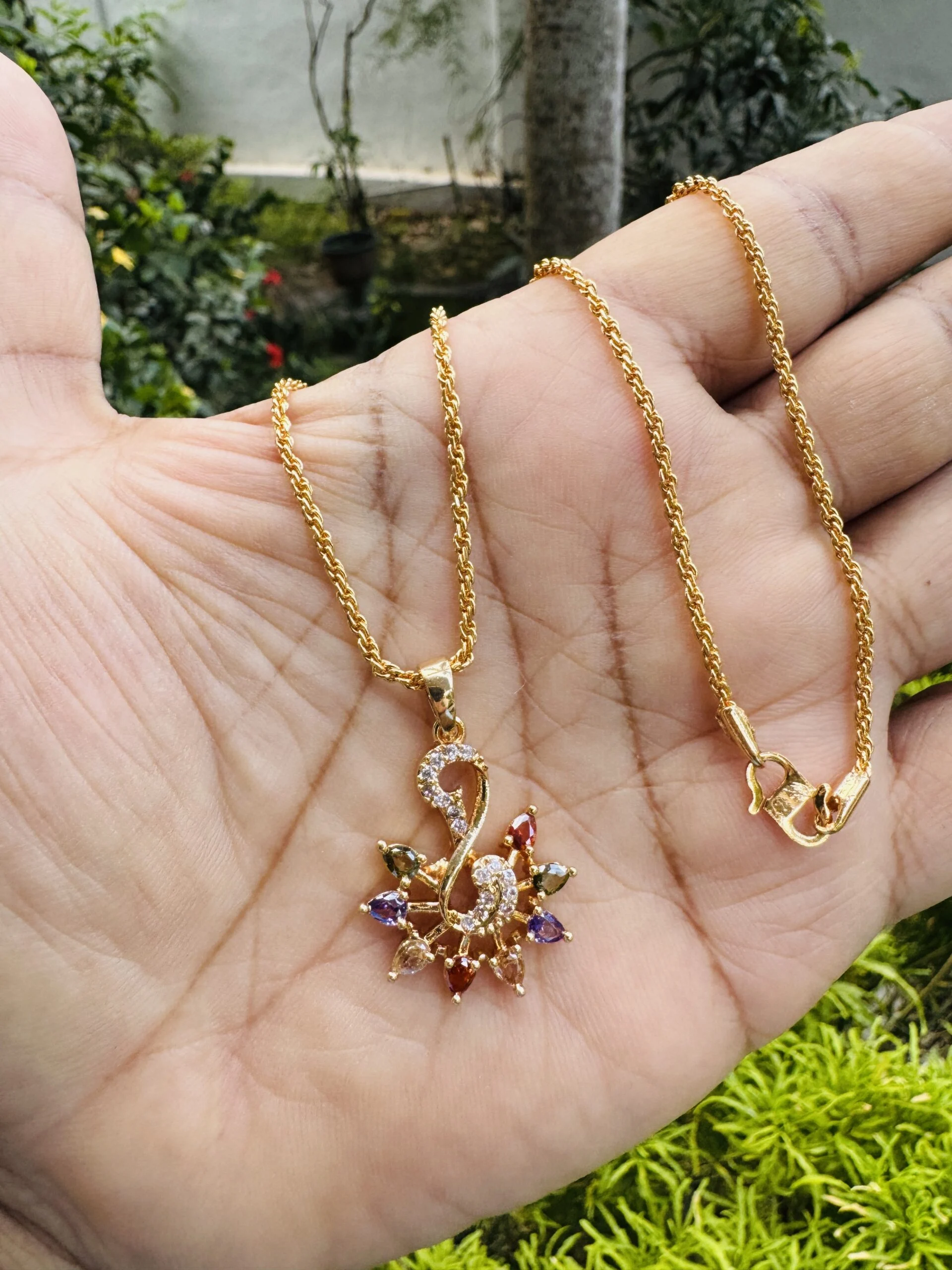 Gold plated Rich look 18/24 Inch's 2 mm ROPE Chain and new stylish peacock design Pendant with multi stones for women & girl