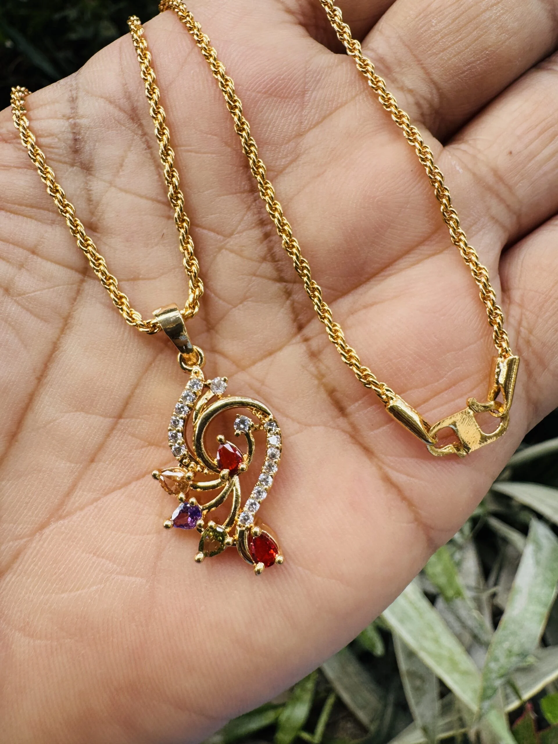 Gold plated Rich look 18/24 Inch's 2 mm ROPE Chain and new stylish peacock design Pendant with multi stones for women & girl