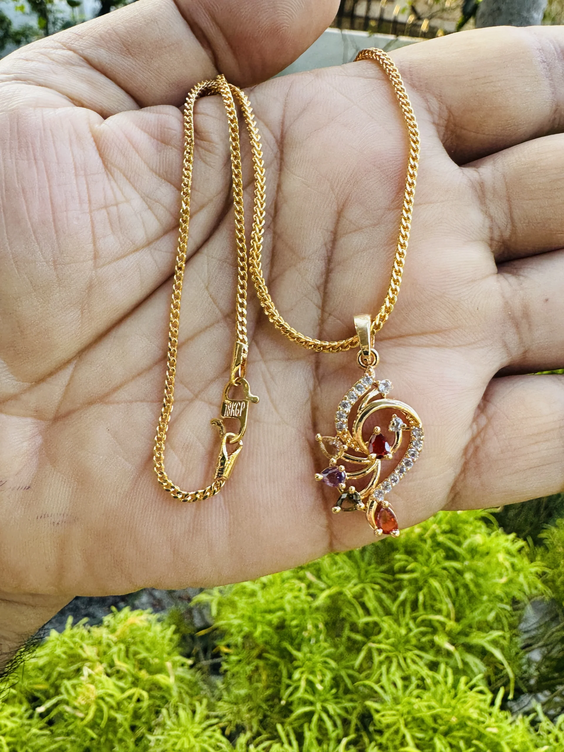 Gold plated 18/24 Inch's 2 mm Fox chain with Peacock shaped multi stoned Pendant for women & girl