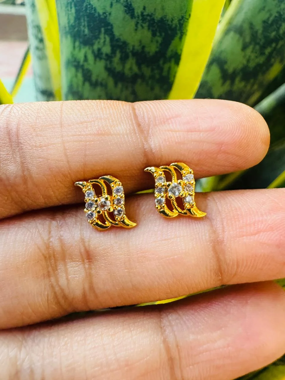 Gold plated beautiful, elegant S Shaped three-line earring with white stone for Women and Girl