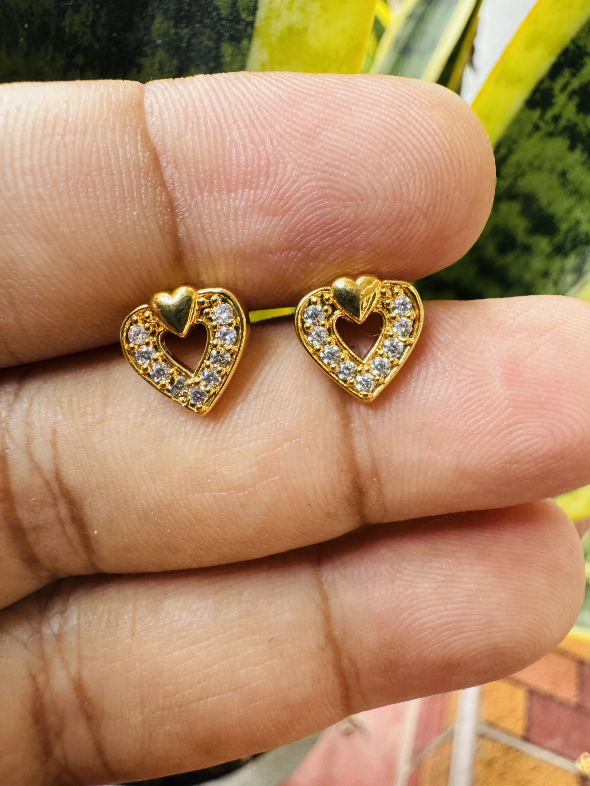 Gold plated highly decorated smaller cutout heart shaped stud earring for women and girl