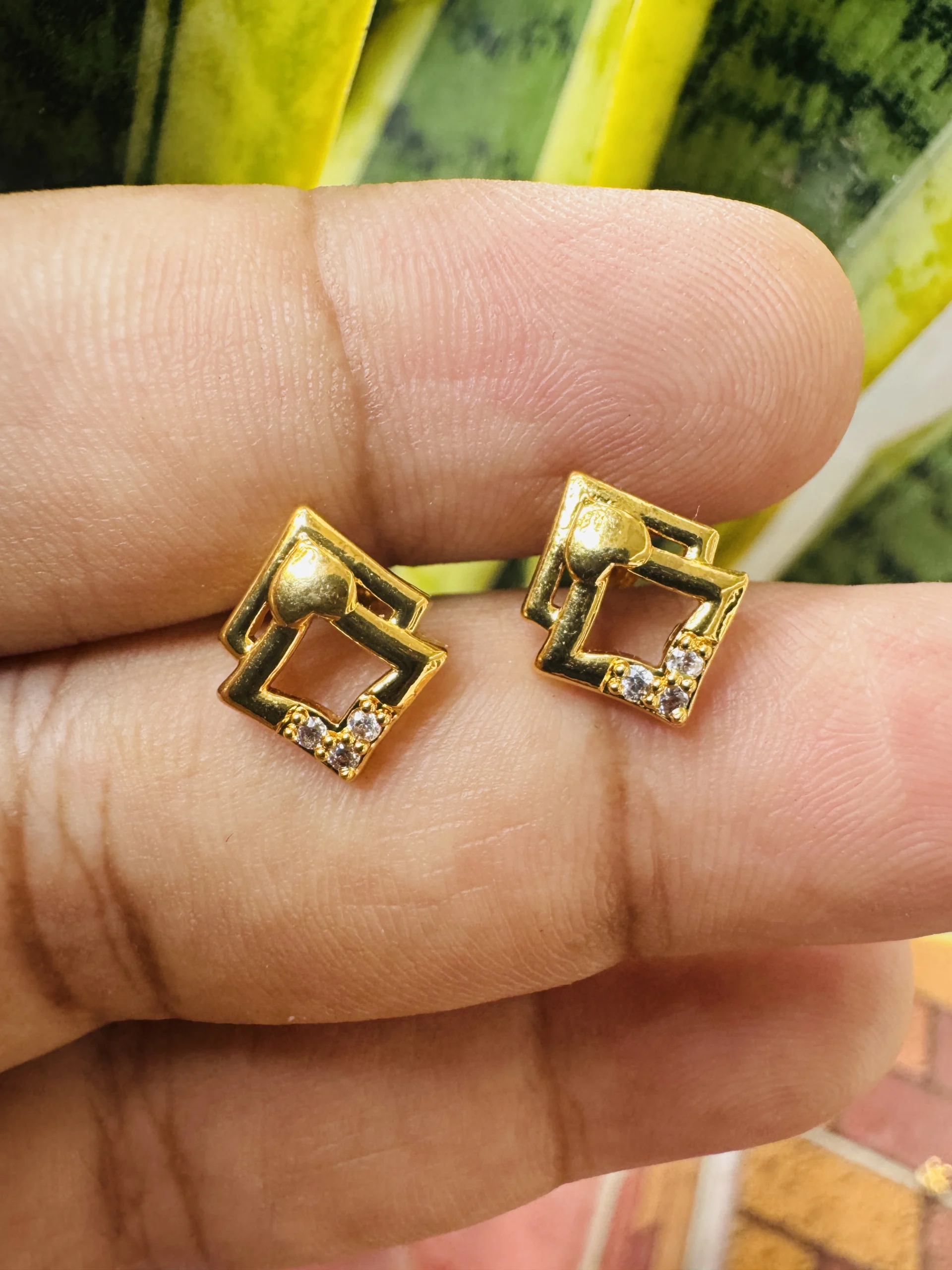 Gold plated heart insert two squares earring with white stones for Women and Girl