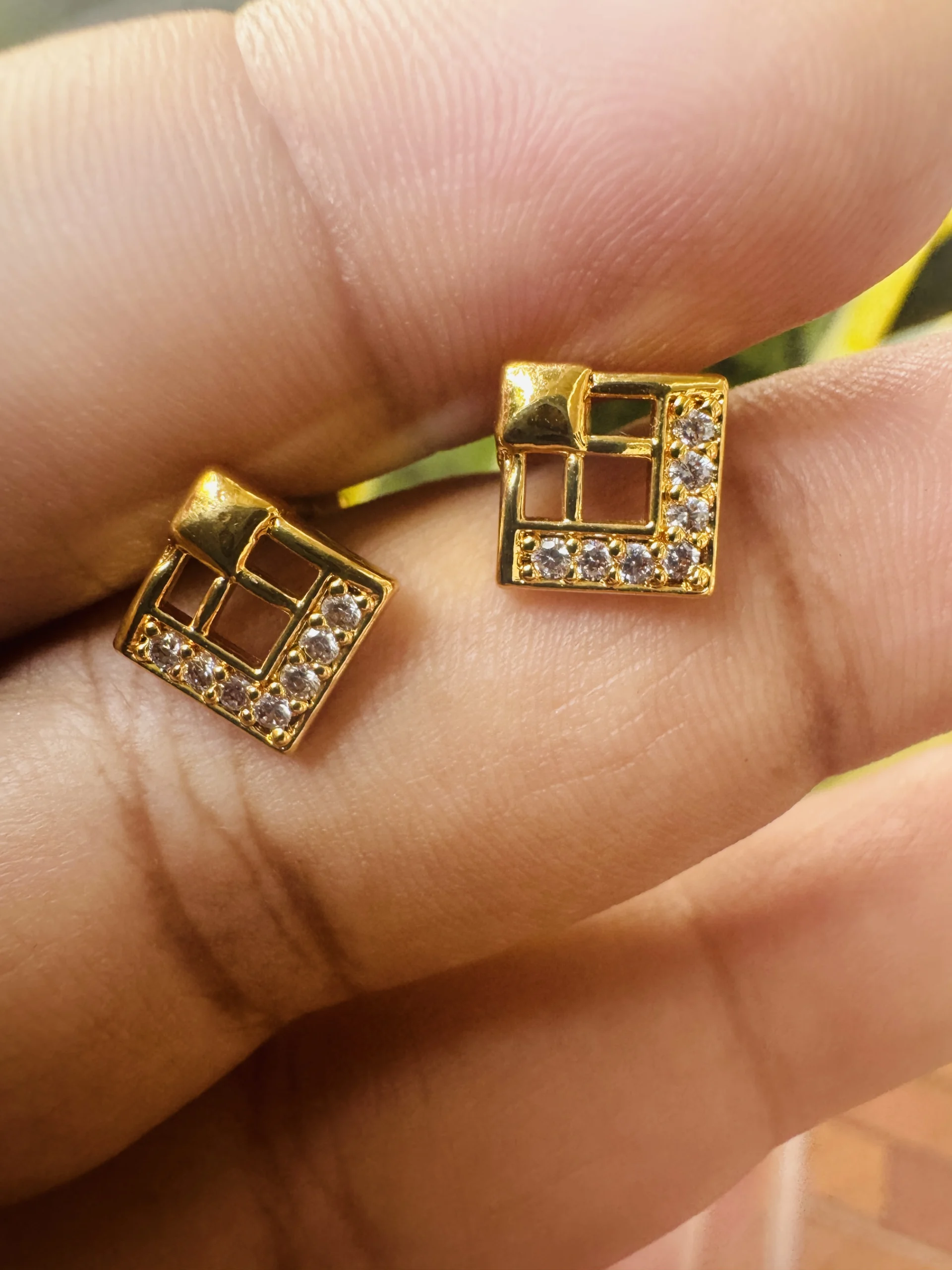 Gold plated new stylish cute five squares stud earring with white stones for women and girl