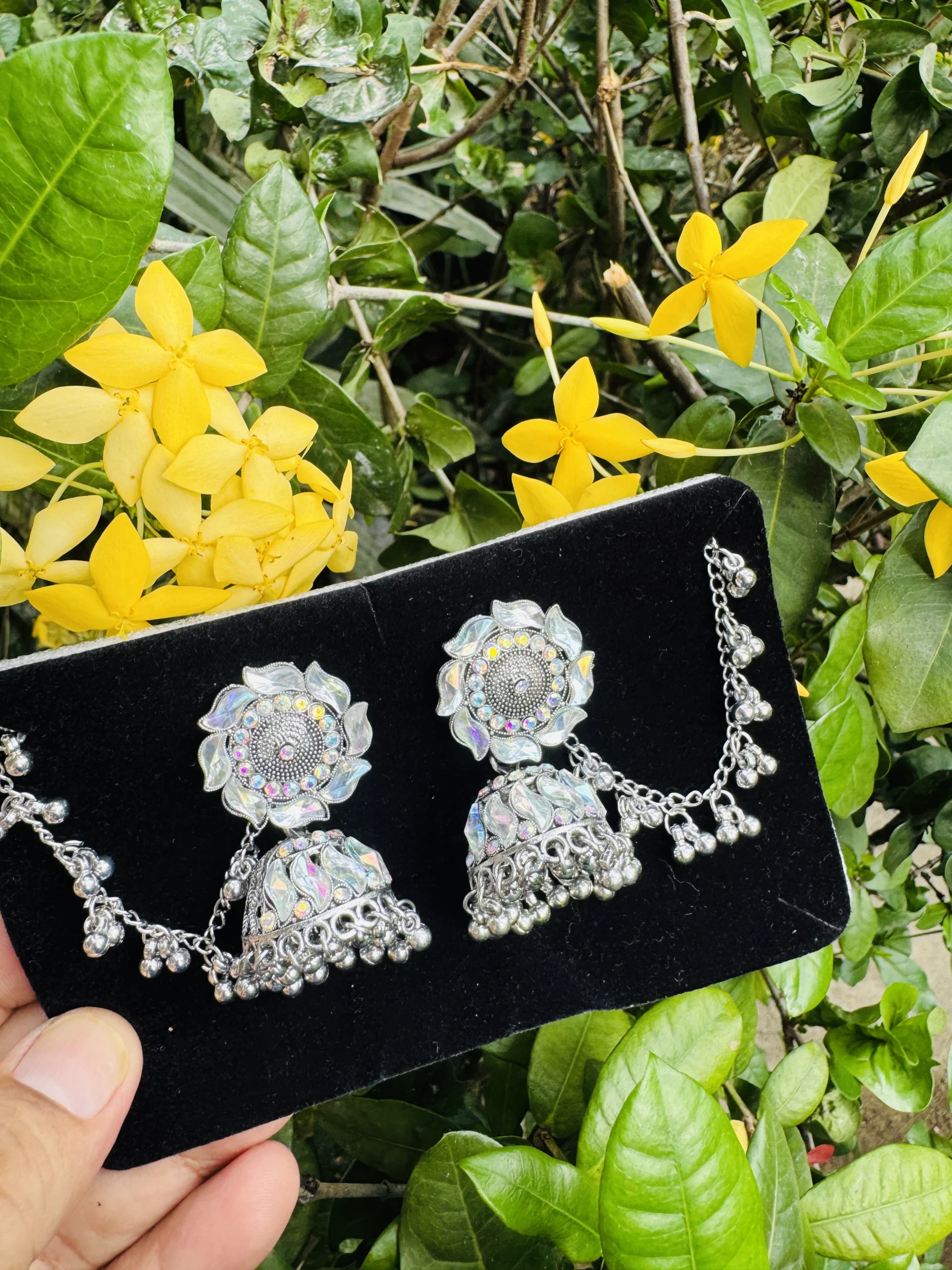 Black colour Flower design Indian Bahubali Jhumka Jhumki drop fashion earring with multi colour stones for gift, girls and women's