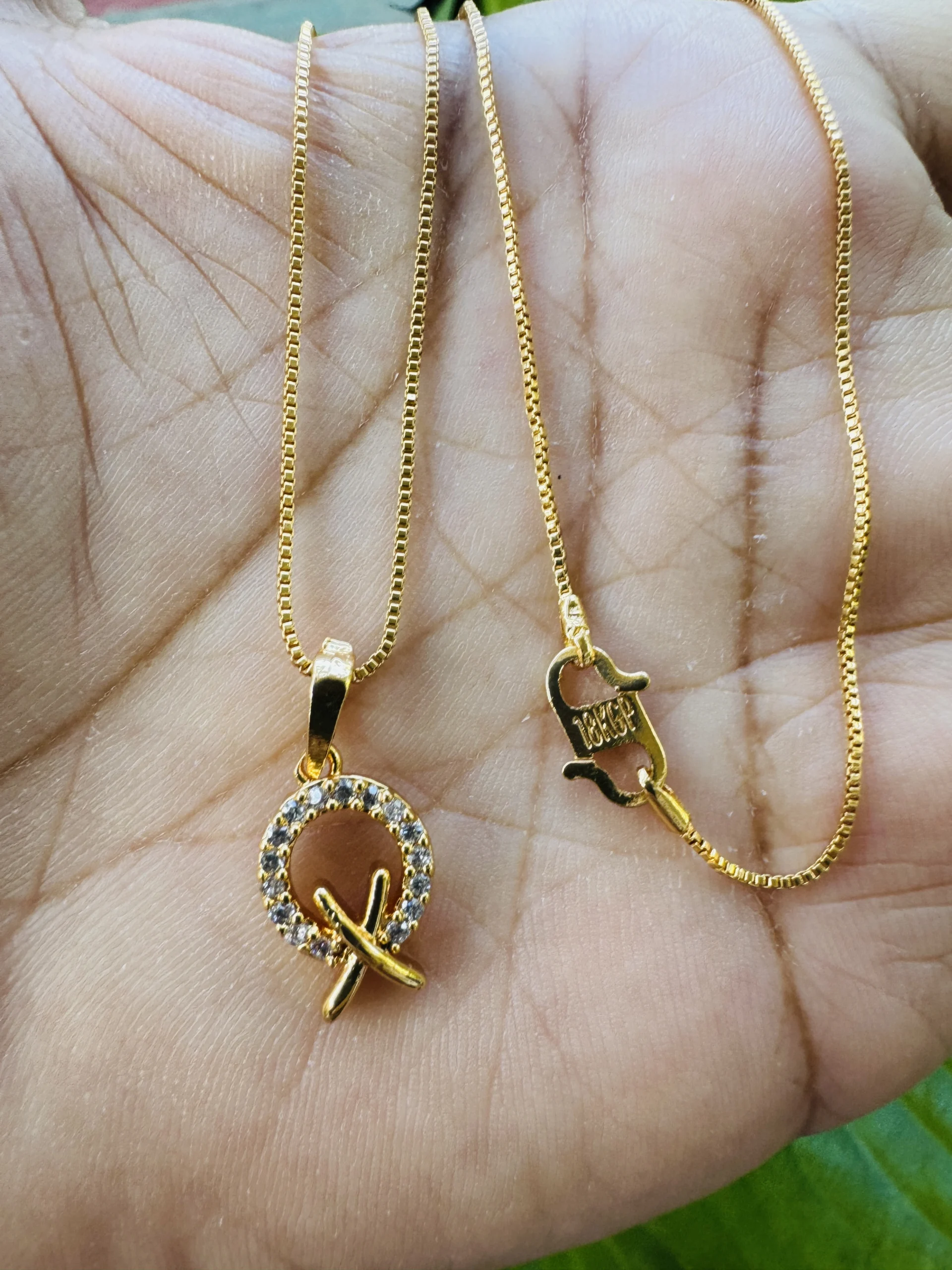 Gold plated 16cm 1mm small box chain with round type white stone pendant for women and girl
