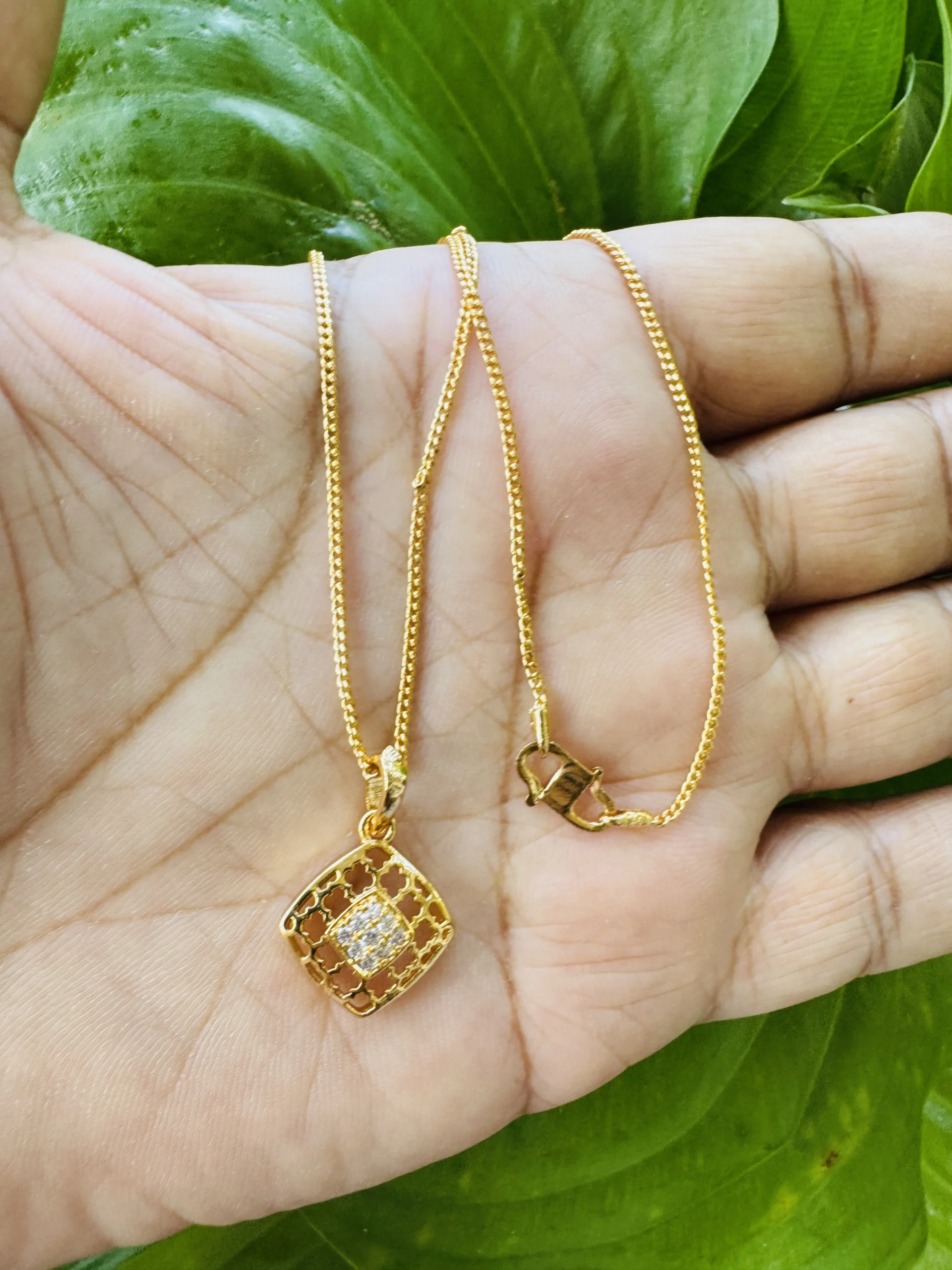 Gold plated 18/24 Inch's 2mm Albert chain with square net design pendant with white stones for women and girl