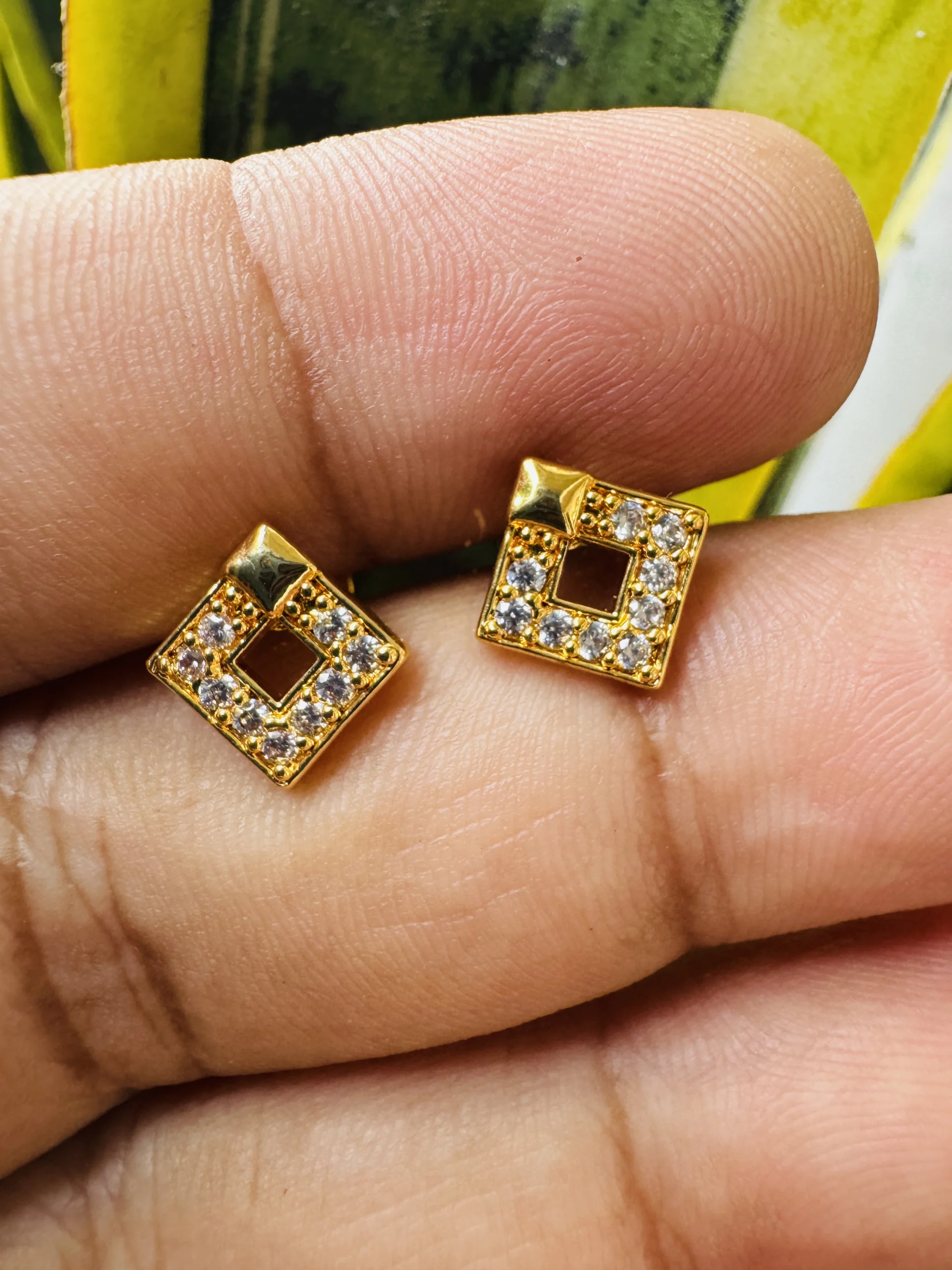Gold Plated new design box type square earring with white stones for women and girl