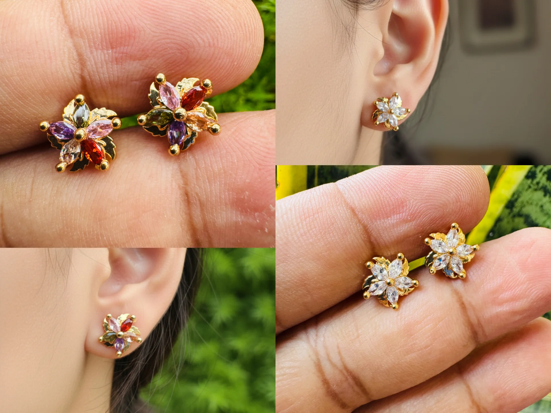 Gold plated White and Multi stones flower stud earring with gold frame for women and girl