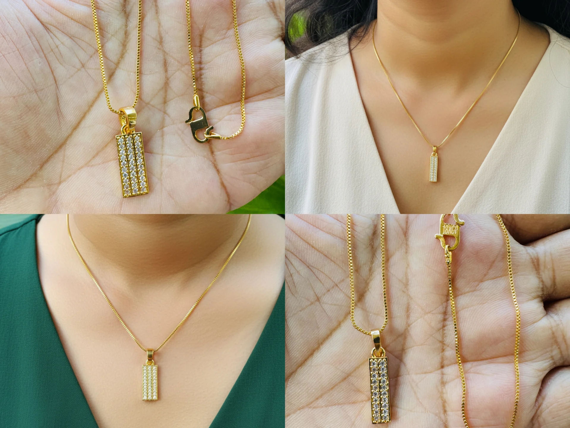 Gold plated 16cm 1mm small box chain and 2 / 3 lines latest design pendant with white stones for womens and girls