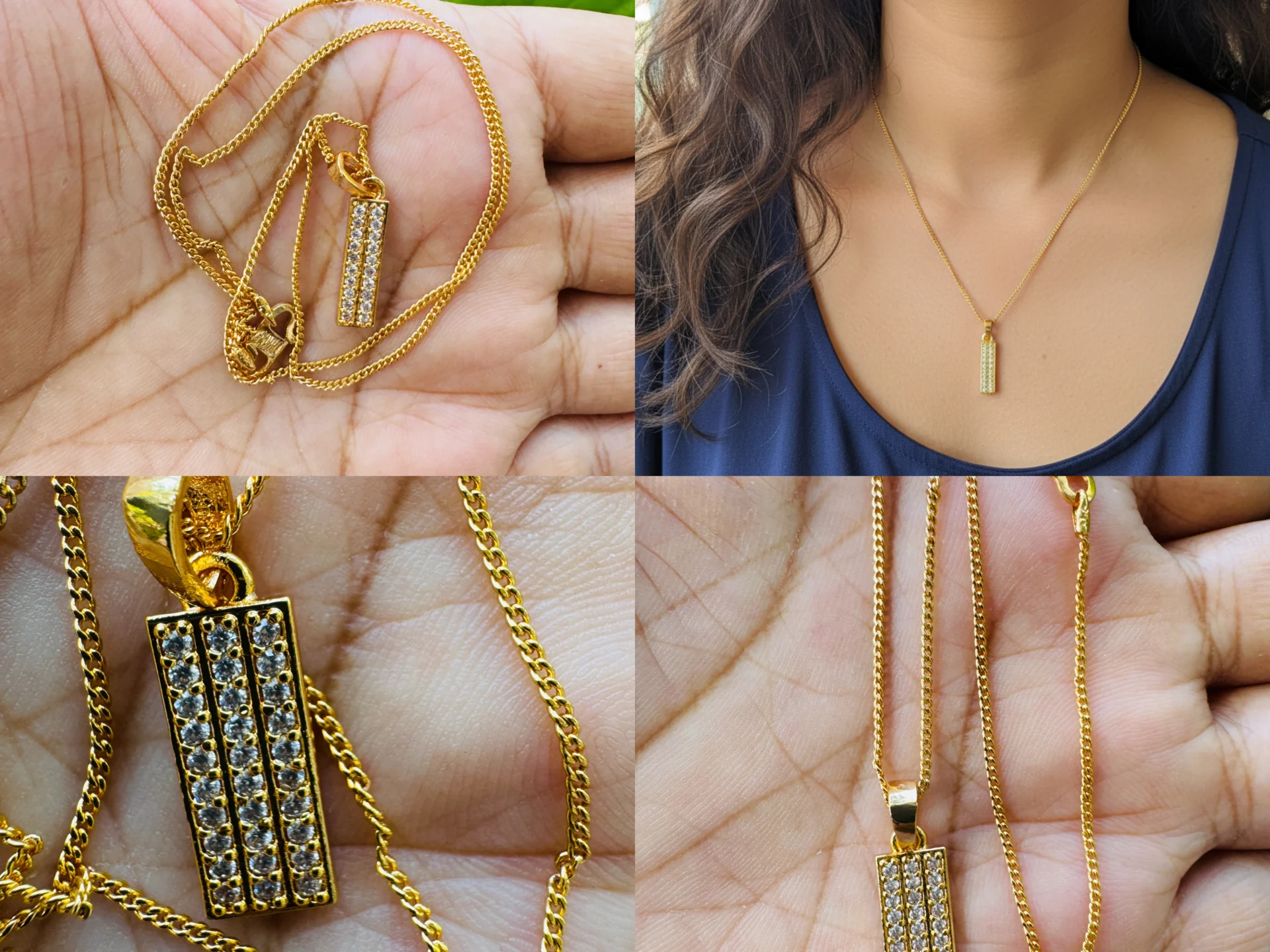Gold plated 2mm Albert chain and 2-3 lines latest design pendant with white stones for women's and girls