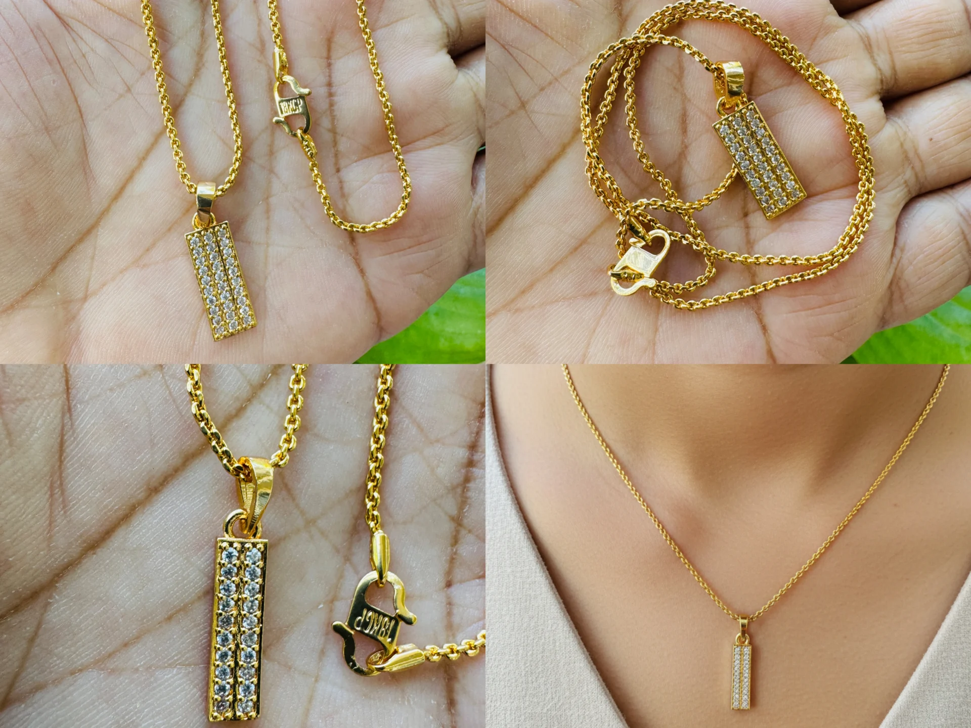 Gold plated 2mm Diamond chain and 2-3 lines latest design pendant with white stones for women's and girls