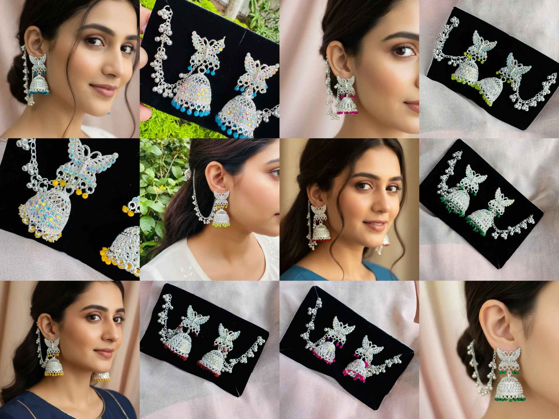 Silver Butterfly design Blue, Green, Light green, pink, red and yellow colors Indian Bahubali Jhumka Jhumki drop fashion earrings with pearls for gift, girls and women's
