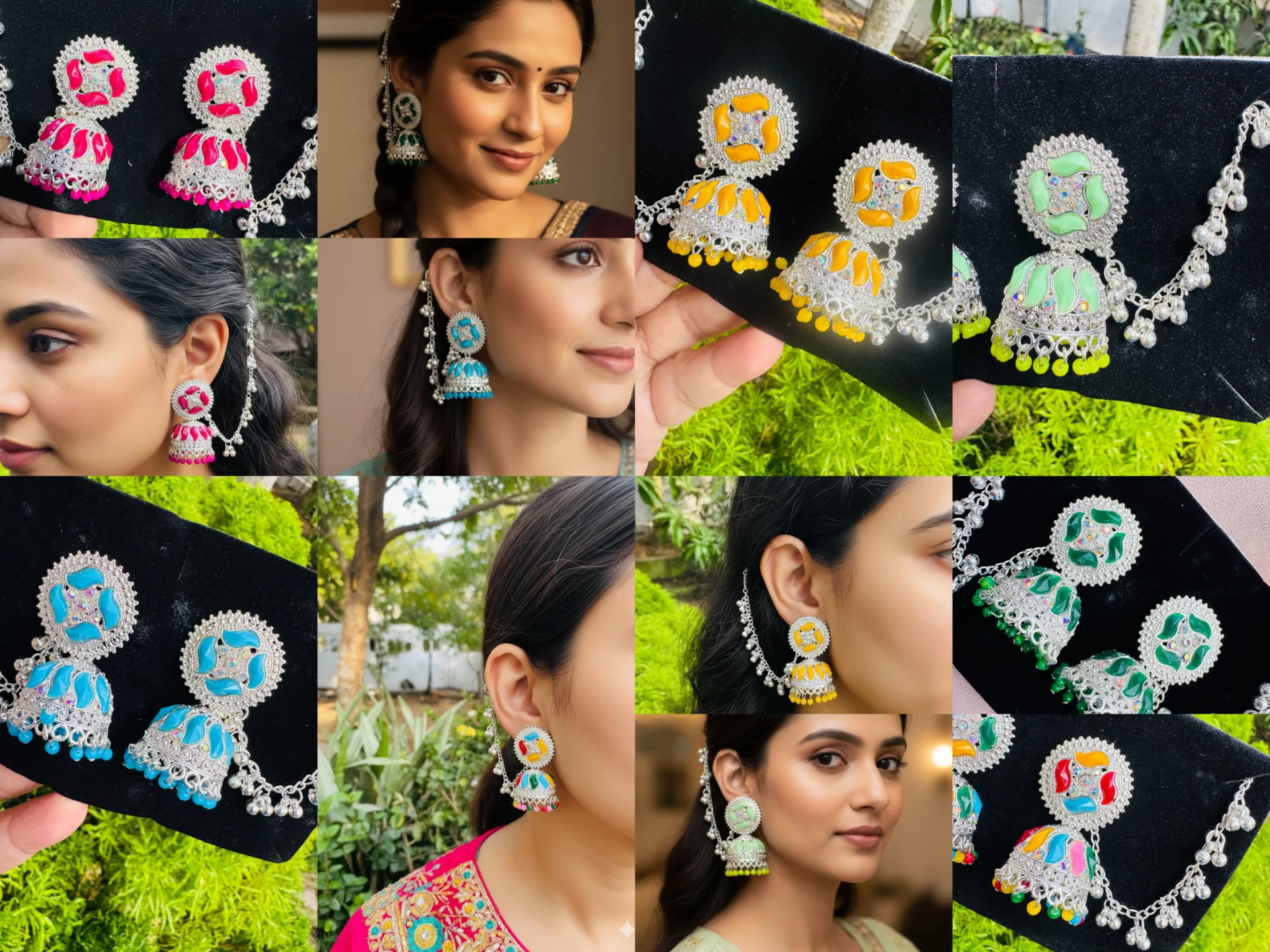 Silver colour leaf insert design Indian Bahubali Jhumka Jhumki drop fashion  earring with multi colour stones for gift, girls and women's