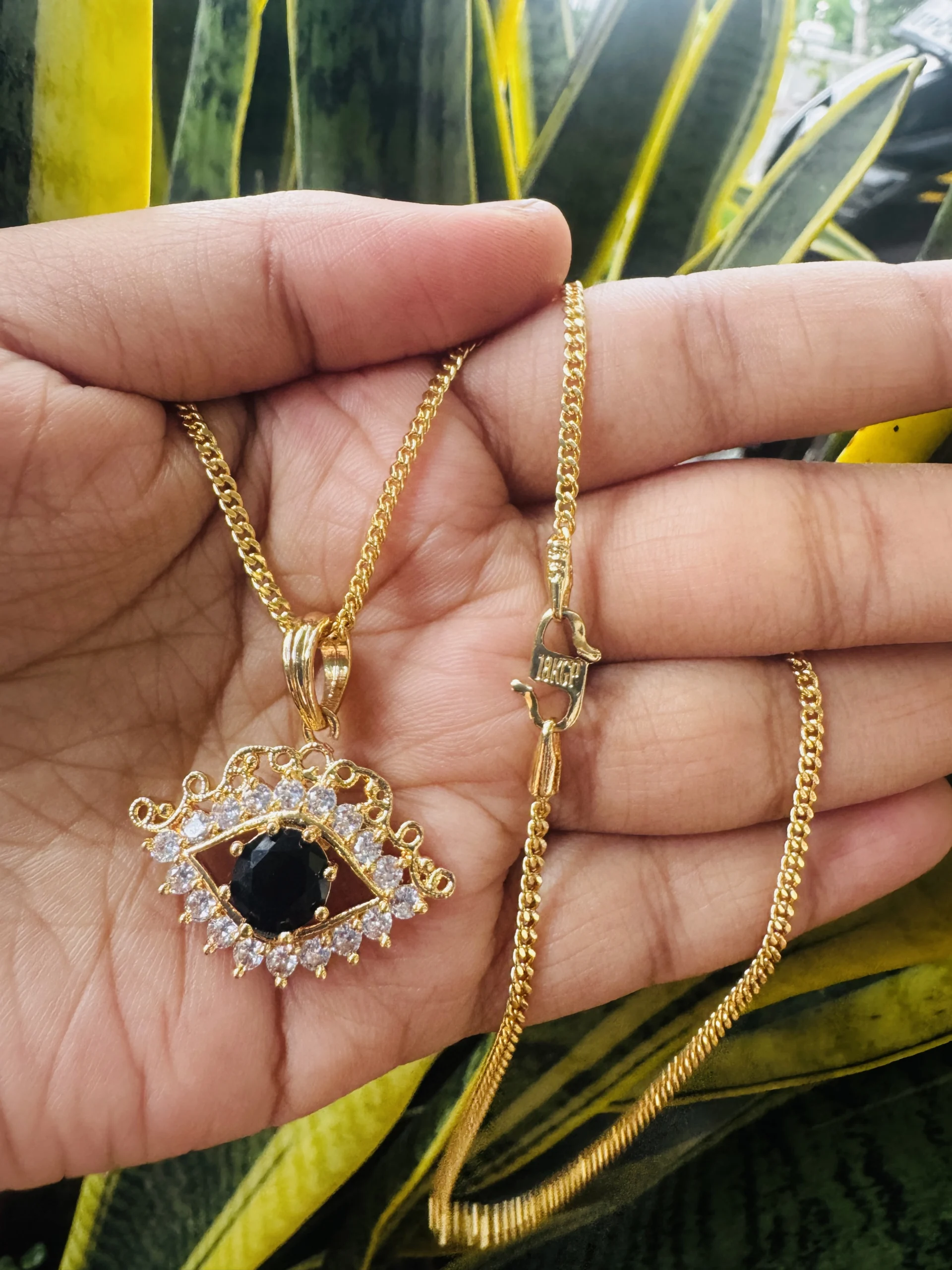 Gold plated 2.5 mm Albert chain and new trending cute, Black EVIL EYE pendant with white stones for gift, women's and girls