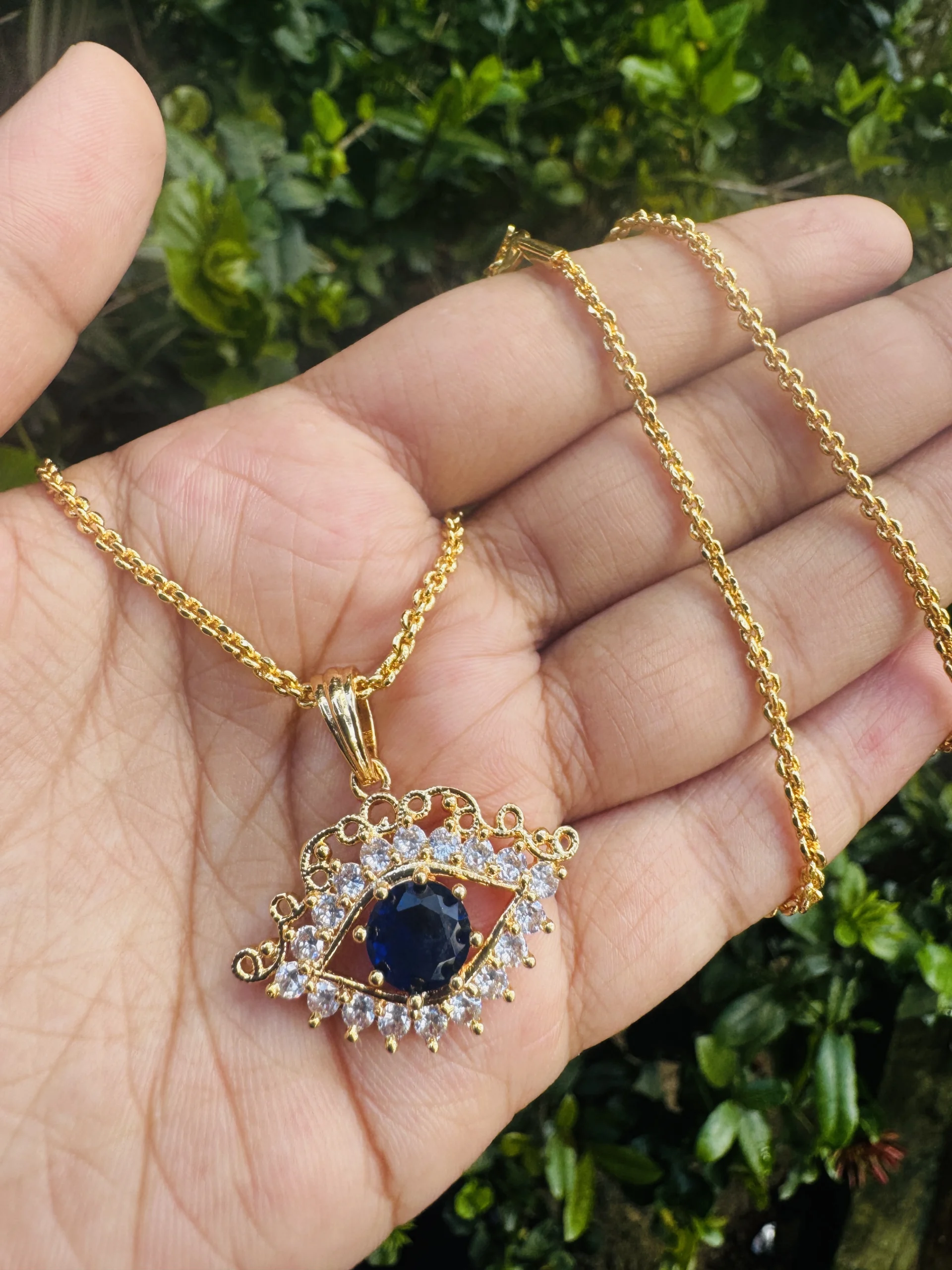 Gold plated 2.mm Diamond chain and new trending cute, new stylish Blue EVIL EYE pendant with white stones for gift, women's and girls