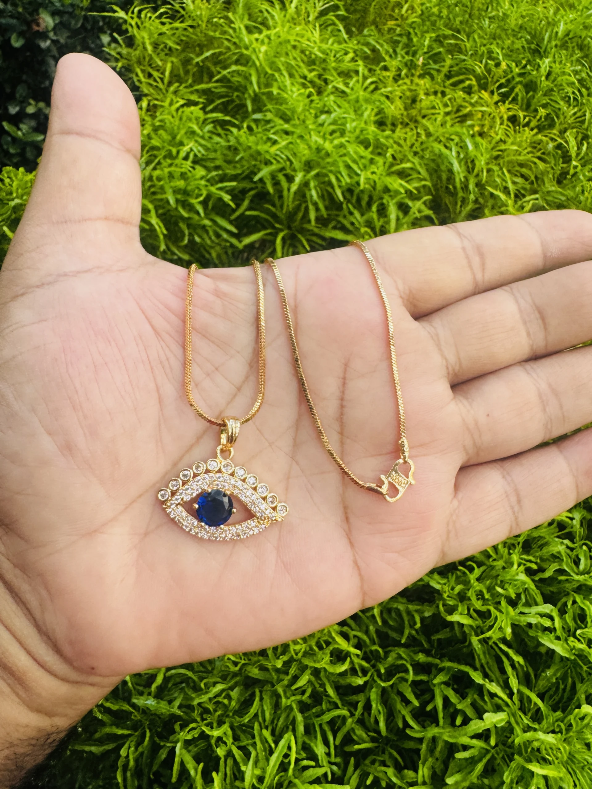 Gold plated 1 mm TV chain and new trending cute, Blue EVIL EYE pendant with white stones for gift, women's and girls