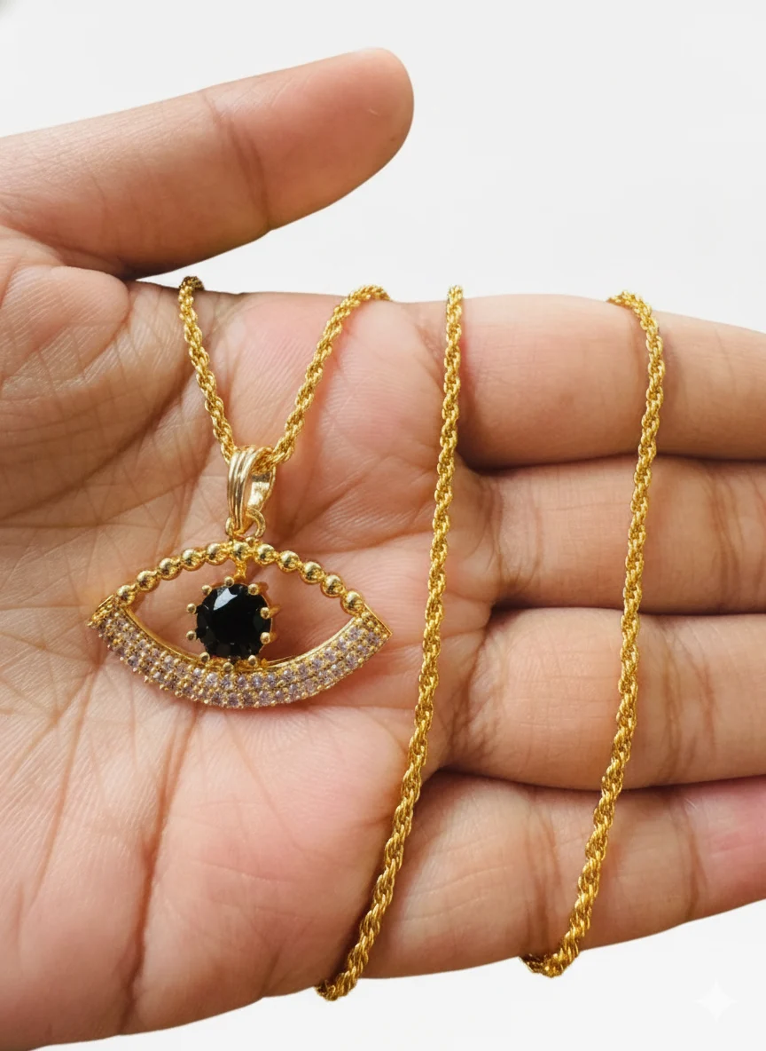 Gold plated 2.5mm Rope chain and new trending cute, Black EVIL EYE pendant with white stones for gift, women's and girls