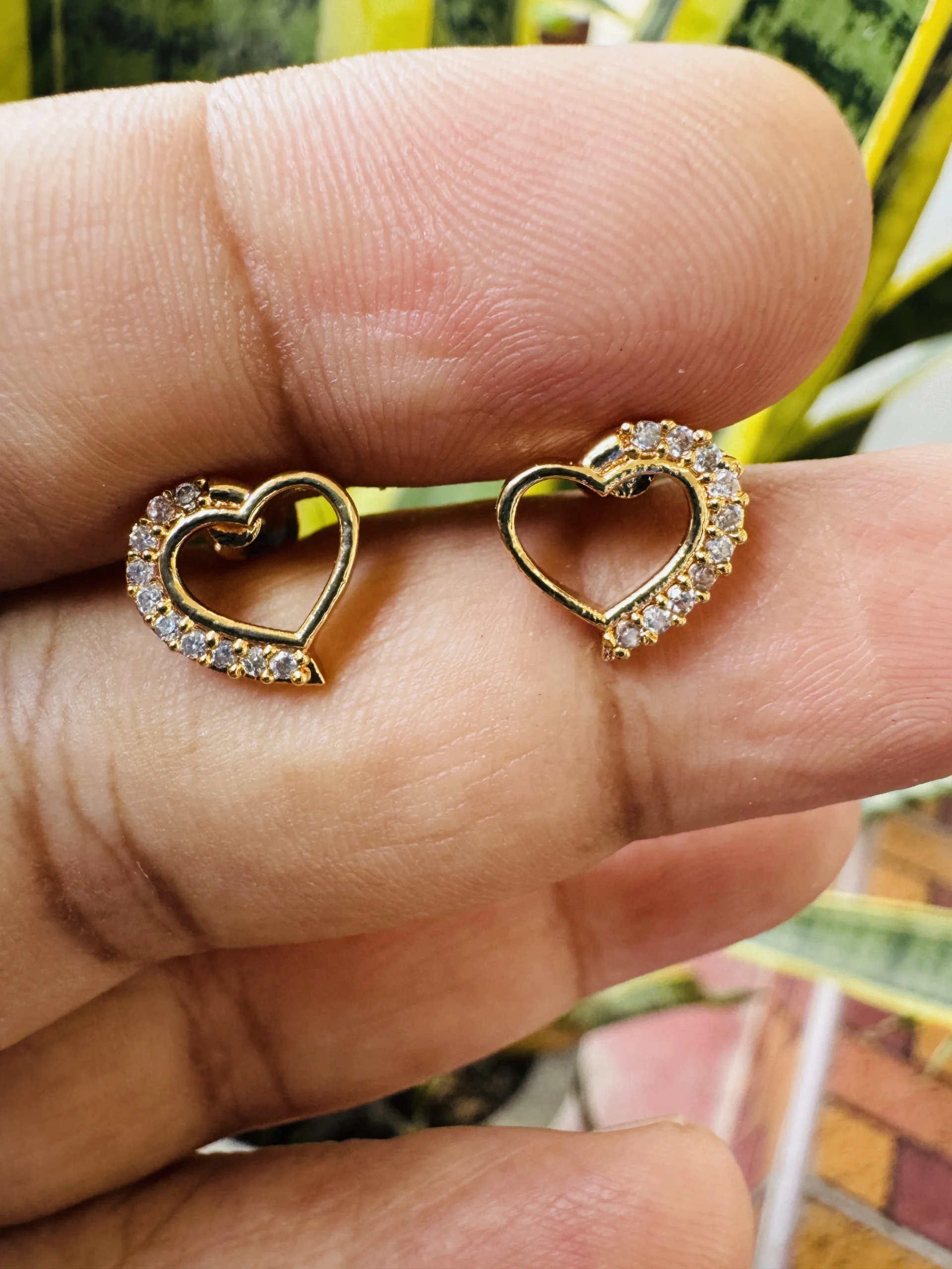 Gold plated new stylish beautiful, cute heart stud earring with one side white stones and left right matching for gift, women's and girls