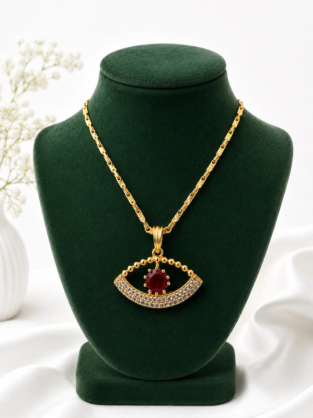 Gold plated new design, 2mm V Cut chain with new viral cute, Red EVIL EYE pendant with white stones for gift, evil eye necklace for women, and girls,