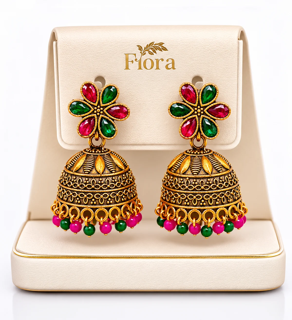 Fancy Gold Jhumka Drop Earrings with Pink & Green Stones for Women's, Girls and Gift | Traditional Women's Earrings