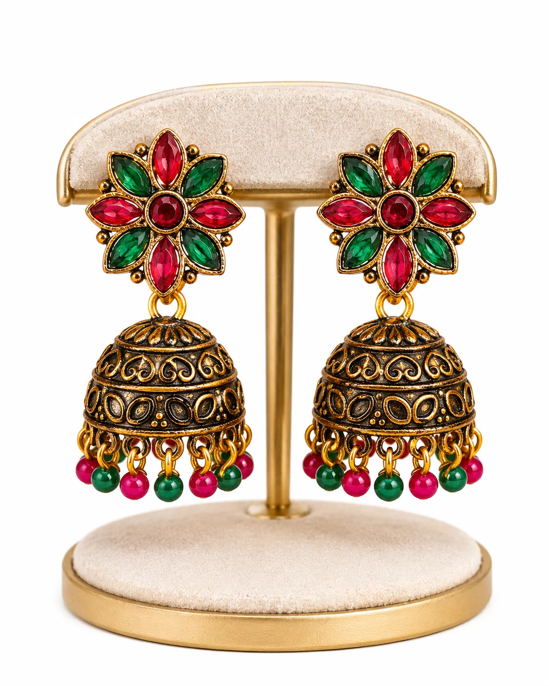 Fancy Gold Jhumka Drop Earrings with Pink & Green Stones | Traditional Women's Earrings