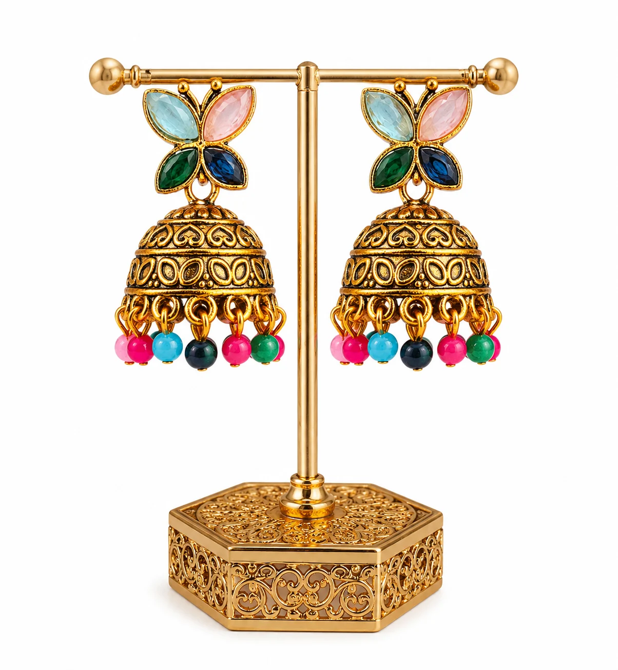 Fancy Gold Butterfly Jhumka Earrings with Multicolor Stones and Pearils | Traditional Women's Drop Earrings