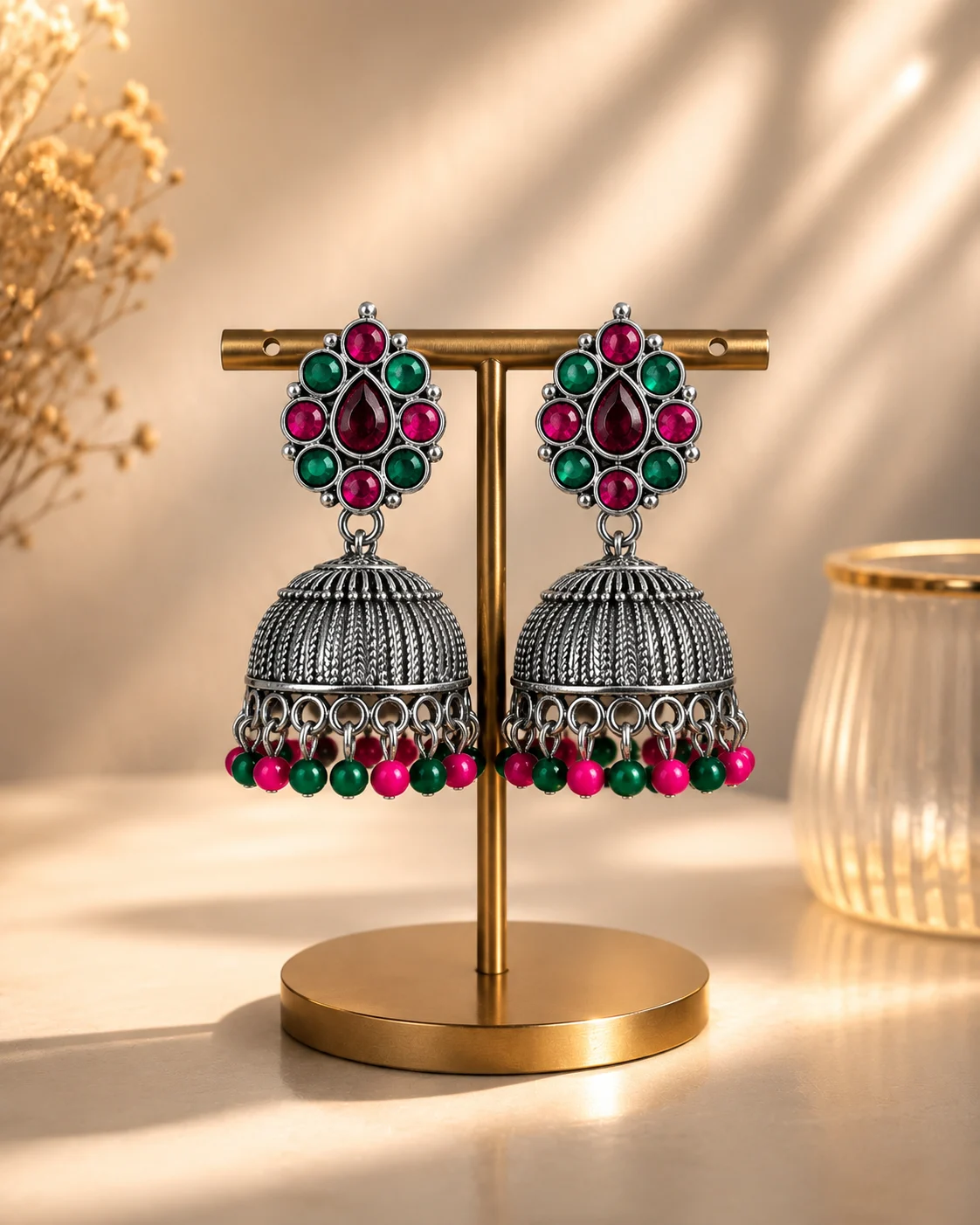 Fancy Silver Jhumka Drop Earrings with Pink & Green Stones | Traditional Women's Earrings