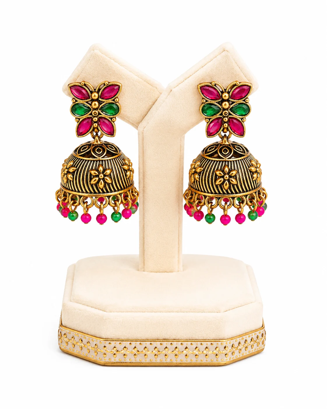Fancy Gold Floral Jhumka Earrings with Pink & Green Stones, Butterfly design for Women's, Girls and Gift | Traditional Women's Drop Earrings