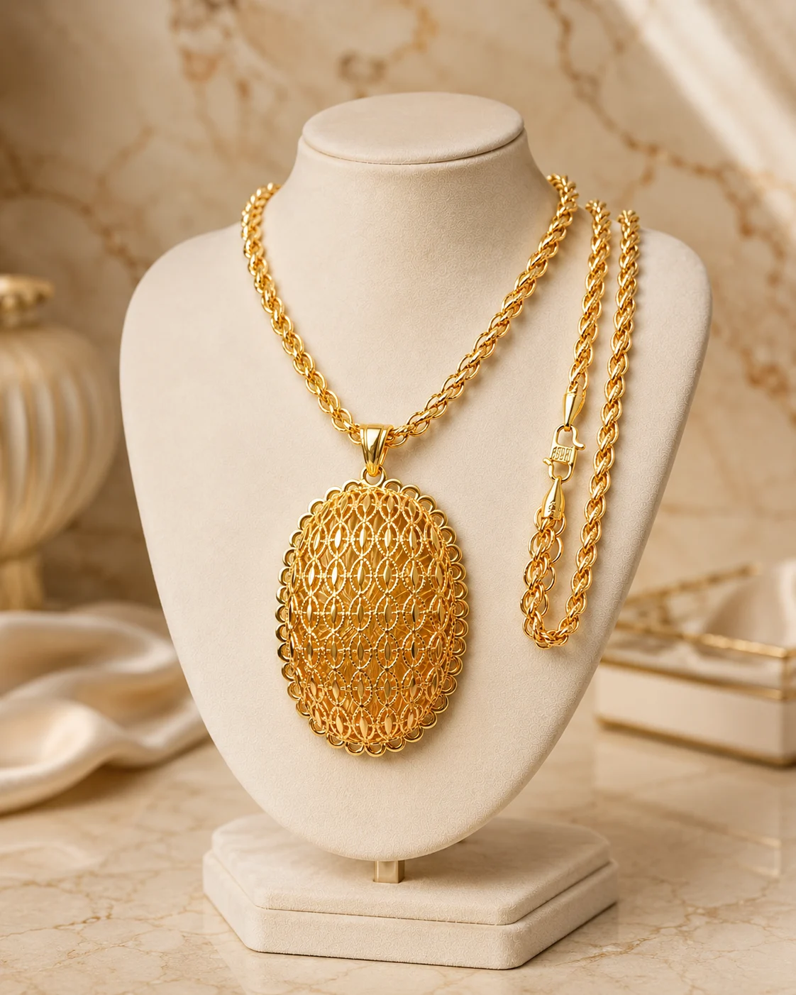 Gold Plated Lotus Long Chain with Big Oval Pendant for Women | 24 Inch Fashion Necklace | Traditional Jewelry