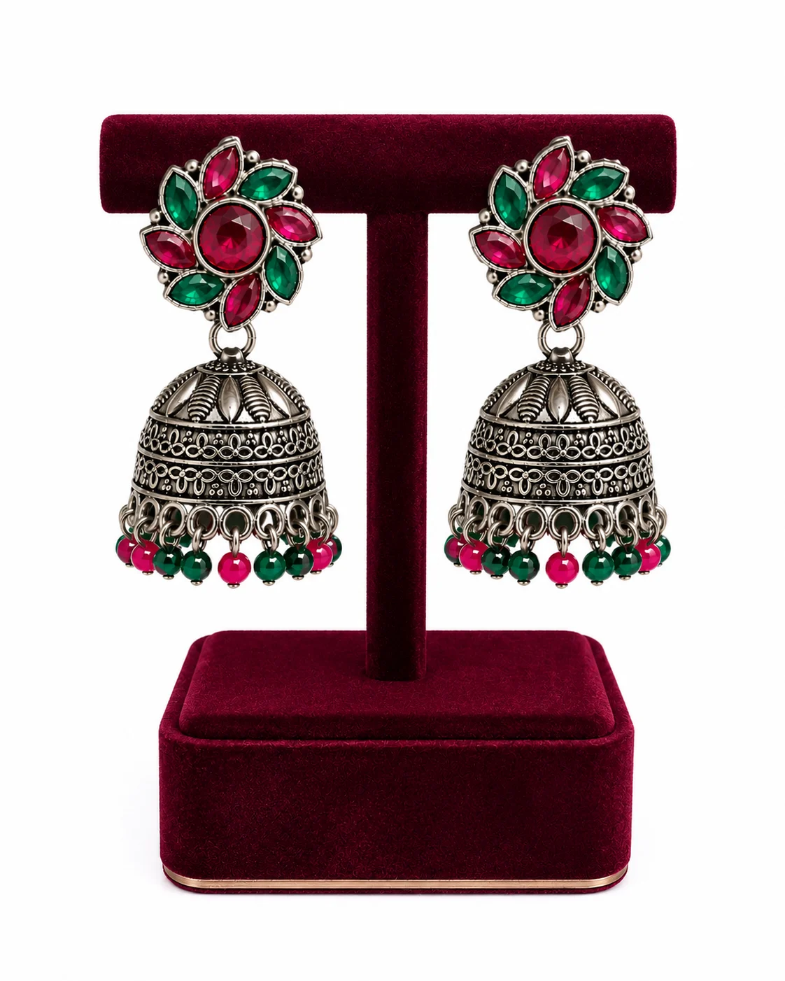 Fancy Silver Jhumka Drop Earrings with Pink & Green Stones and Pearls | Flower theme | Traditional Women's Earrings