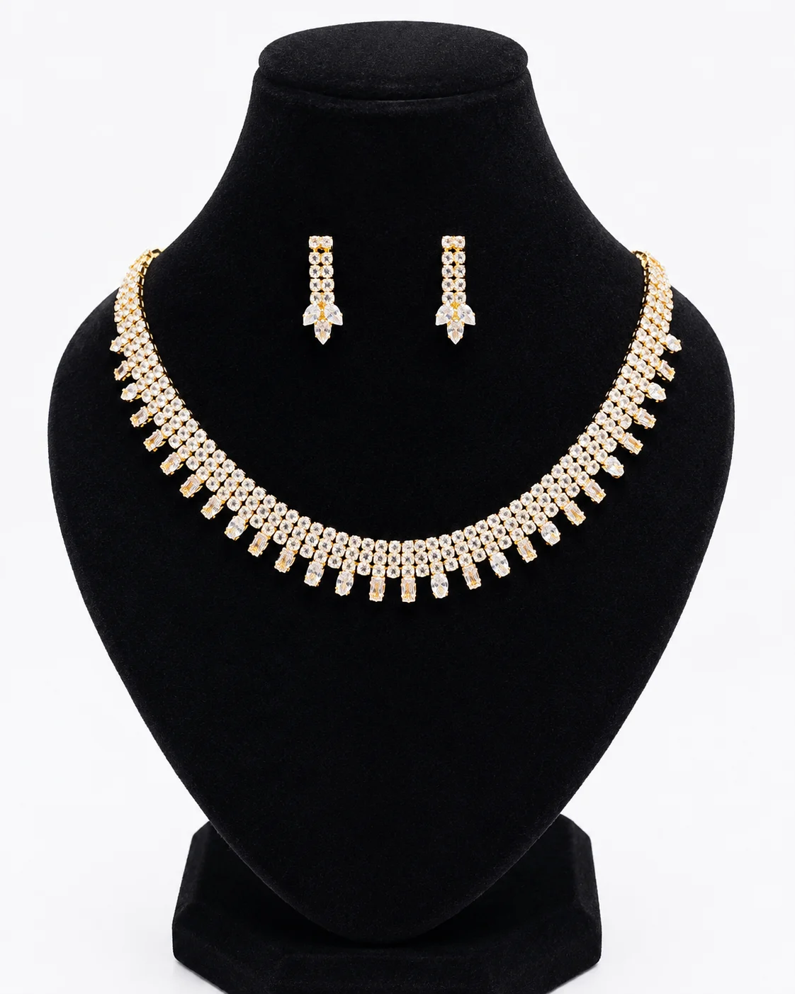 Gold Colour Fancy Crystal Necklace Set with Earrings | Adjustable Bridal & Party Wear Jewelry for Women