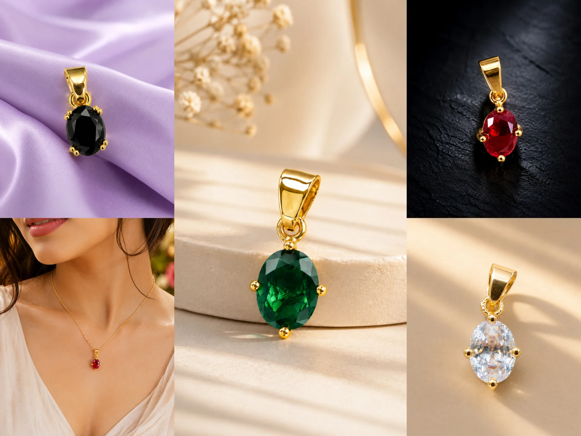 Gold Plated Small Oval Stone Pendant for Women | Red, Black, Green & White Crystal | Minimal Elegant Pendant | Made in India | Elegant Women's Pendant | Daily Wear