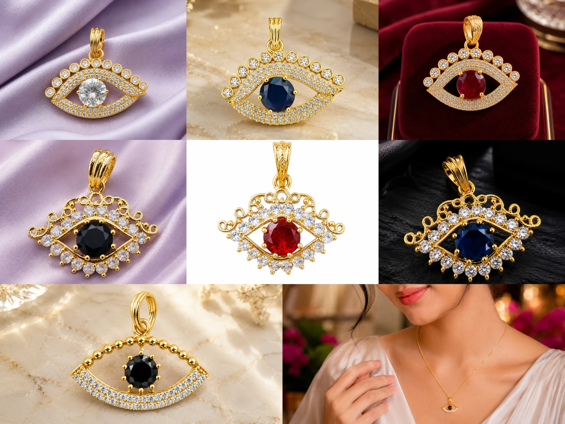 Gold Plated Evil Eye Pendant for Women | Made in India | Red, Black, Blue & White Crystal Stone | Lucky Charm | 3 Designs