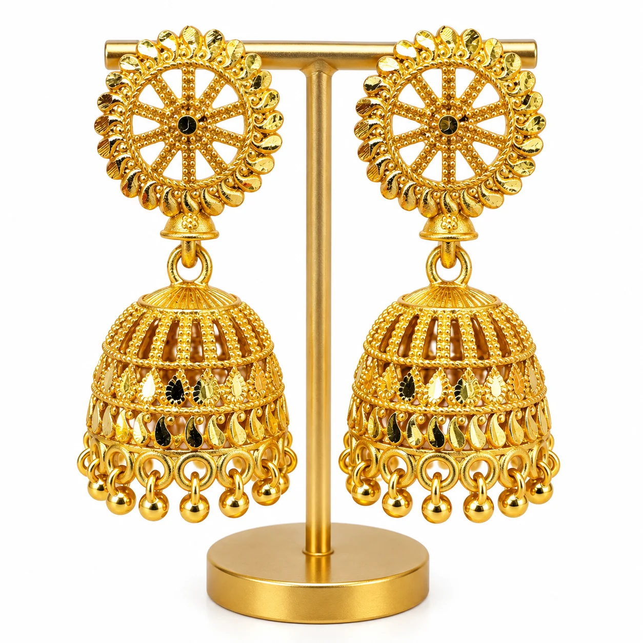 Gold colour small Jimikki Jhumka Earrings with cute round stripe design | Traditional Drop Earrings for Women & Girls | Elegant Party Jewellery