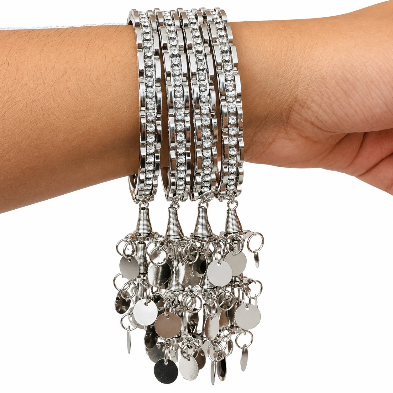 Fancy Designer Ash Bangle for Women – 7mm Silver-Tone Crystal Stone Bangle with Hanging Charms