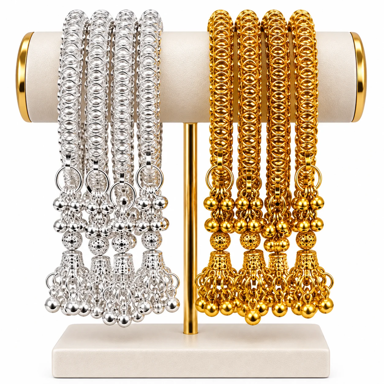 Fancy Designer Bangle for Women – Stylish Ribbed Pattern Bracelet with Hanging Jhumka Charms , Tussles | Gold and Silver