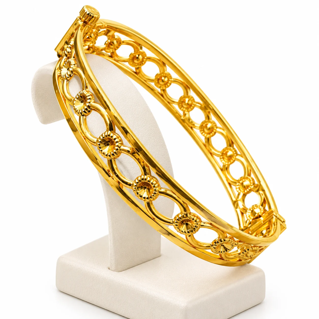 Gold Plated rich look Oval and Round decorated Lock Bangle for Women – Elegant eight type & Textured Design for Gift, Girl and Women