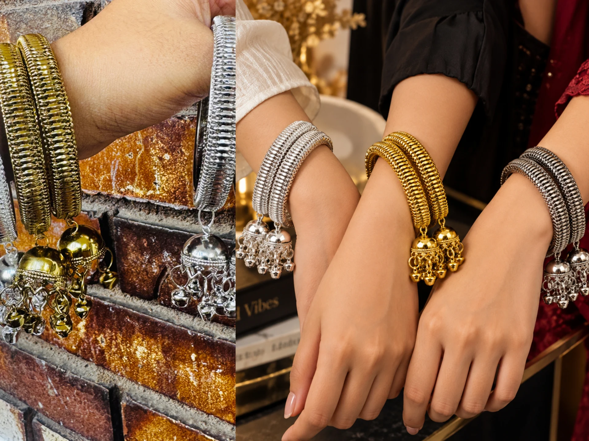 Fancy Designer Bangle for Women – Stylish Ribbed Pattern Bracelet with Hanging Jhumka Charms | Gold, Ash and Silver