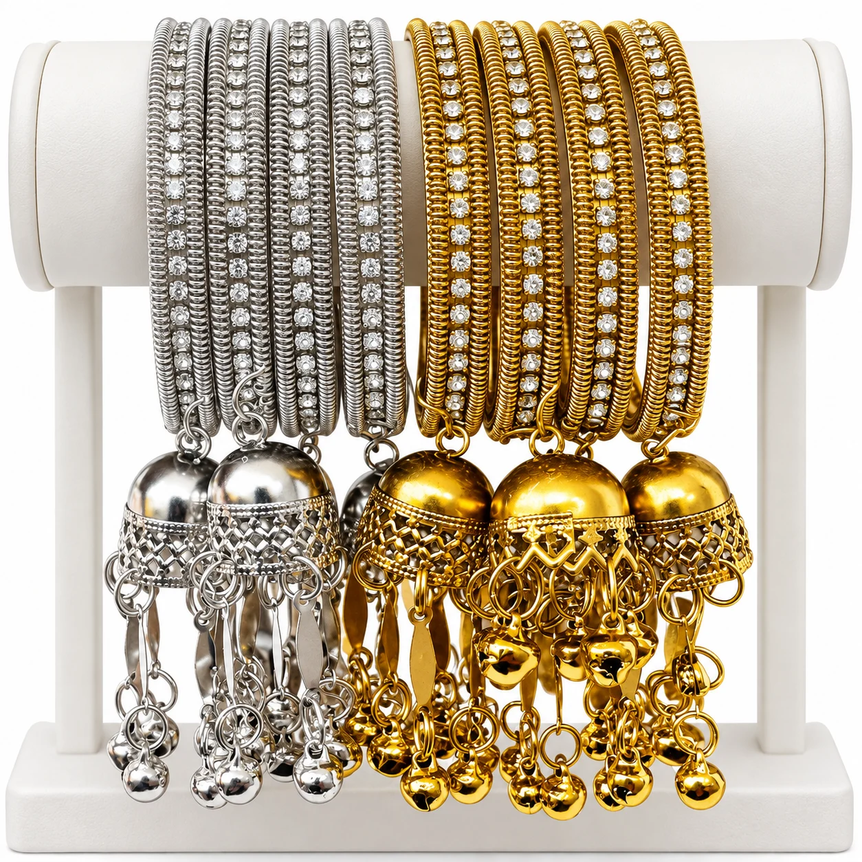 Fancy Designer Bangle with middle stone line for Women – Stylish Ribbed Pattern Bracelet with Hanging Jhumka Charms | Gold and Ash colours