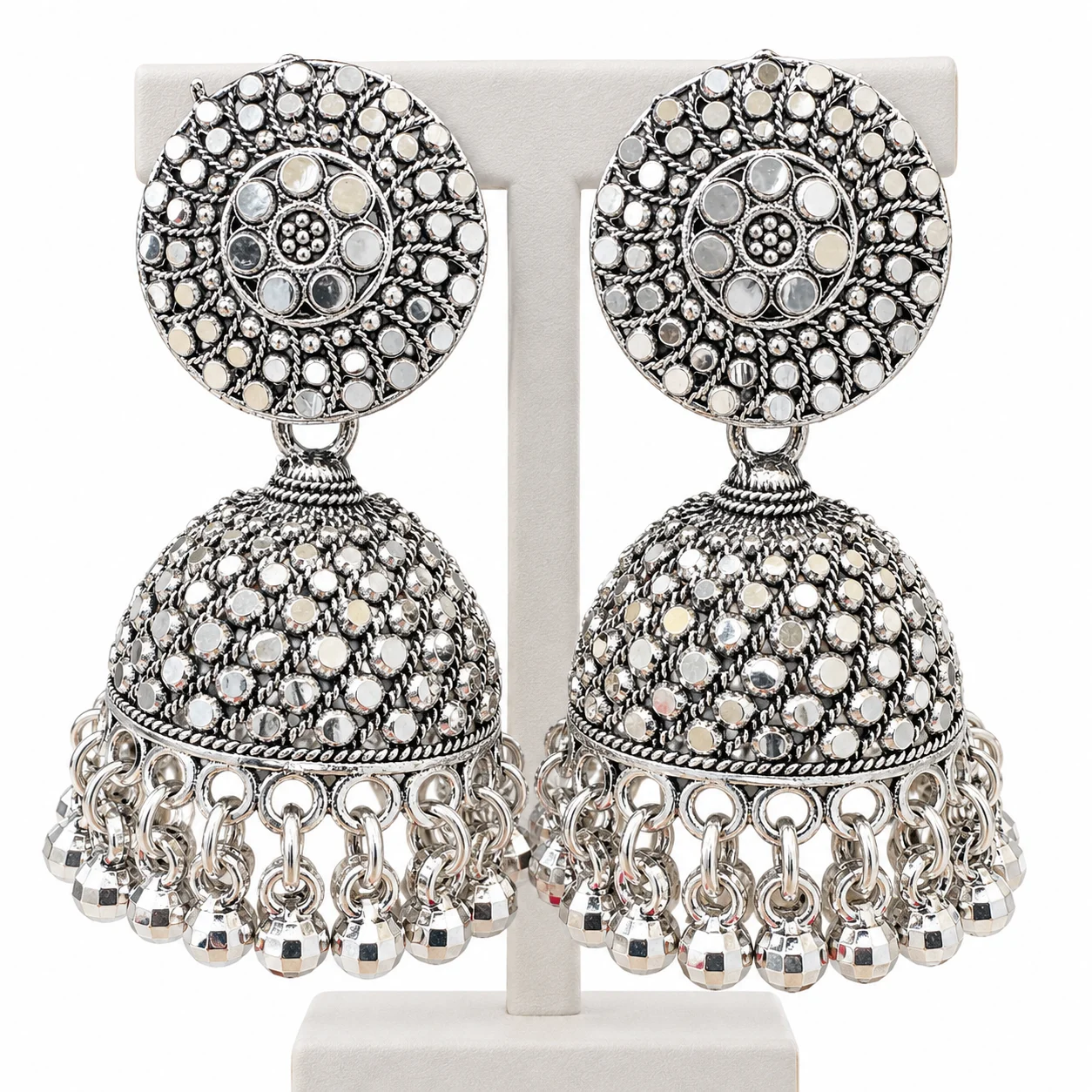 Elegant Silver Colour round flower design Jimmiky Drop Earrings | Traditional Jhumka Earrings for Women & Girls | Wedding & Party Wear