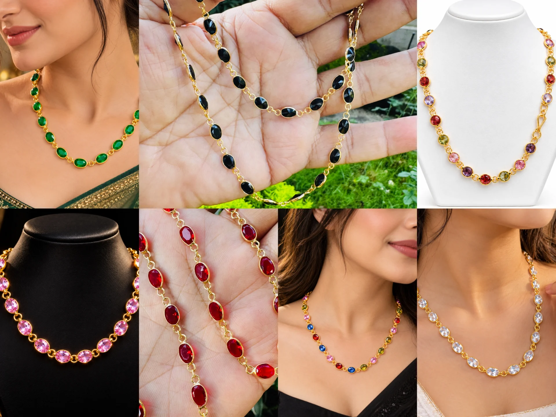 Original Gold-Plated Jewellery | Quality Guaranteed | Premium Finish | Elegant Stone Chain Necklace | 24 Inch | Red, Green, Black, White, Pink & Multi Colour